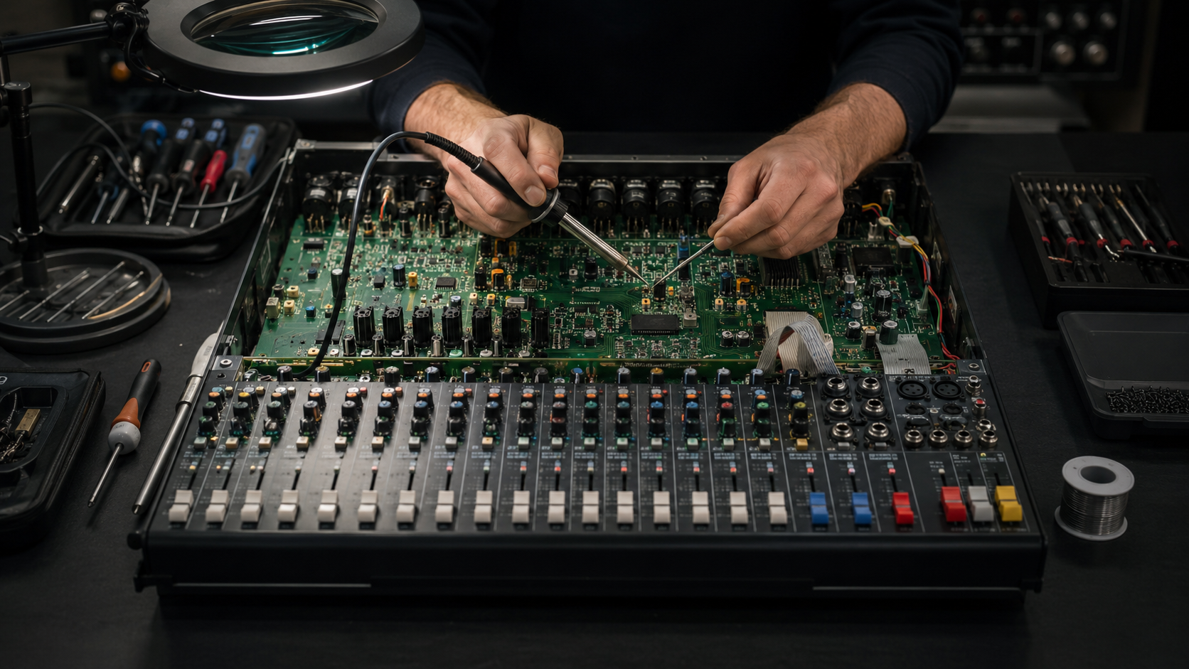 Técnico revisando equipo de audio profesional en taller